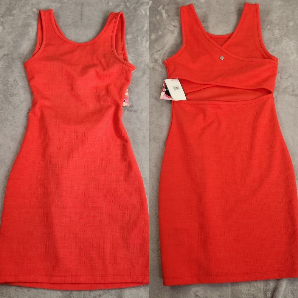 New Roxy Red Hibiscus Ribbed Tank Mini Dress XS Open Back Cutout Logo Bodycon